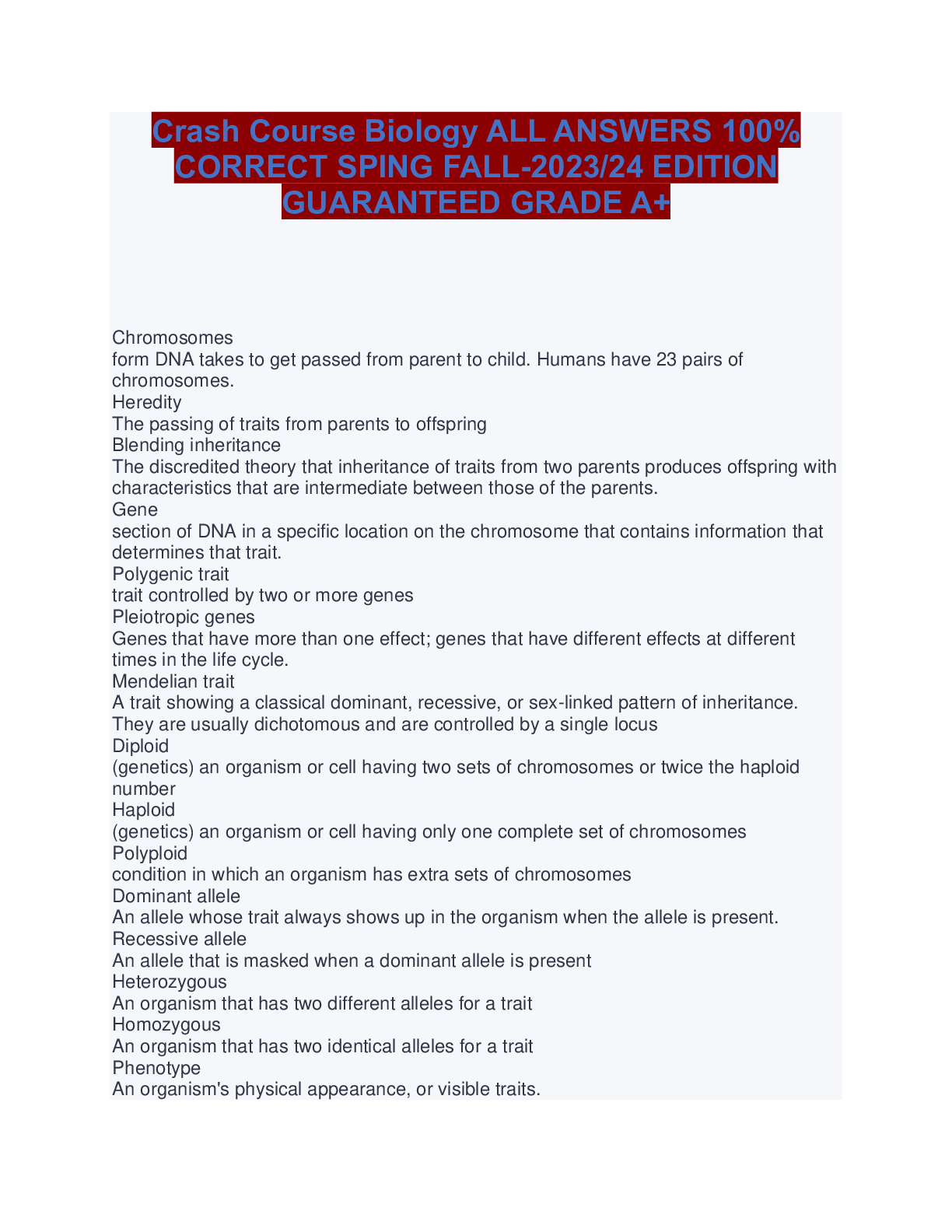 Preview image for Crash Course Biology ALL ANSWERS 100% CORRECT SPING FALL-2023/24 EDITION GUARANTEED GRADE A+